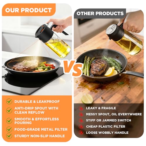2Pcs 17oz Premium Olive Oil Sprayer for Cooking, 2 in 1 Glass Olive Oil Dispenser Bottle for Kitchen Gadgets, Spray Bottle with Portion Control for Salad, Frying, BBQ (2 Black)