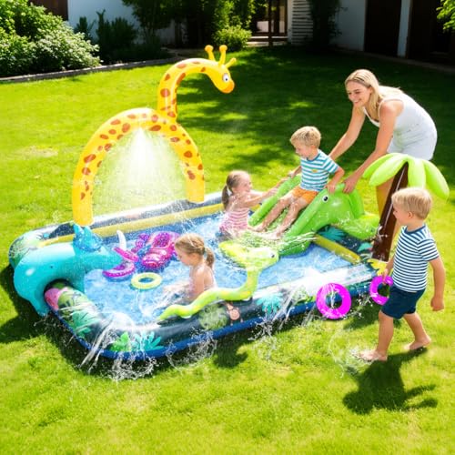 Inflatable Jungle Animal Play Center, Inflatable Water Park Kiddie Pool with Slide, Water Sprayer for Summer Outdoor Splash, Backyard and Garden 102.5" x75" x 54.5"