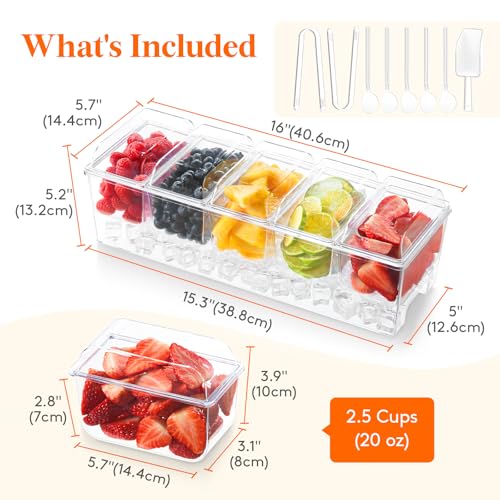 Lifewit Taco Bar Serving Set for Party with 5 x 20 oz Containers & Components, Ice Chilled Condiment Caddy Organizer, Garnish Serving Tray Platter for Mimosa Bar Accessories, Fruit, Salad, Food