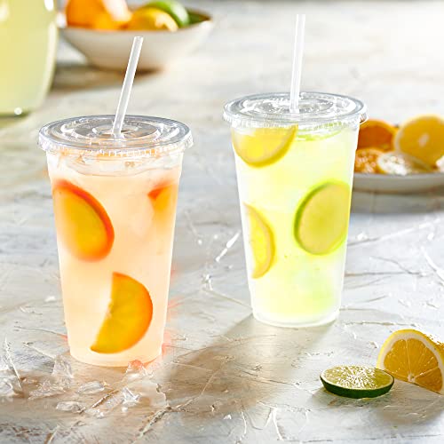 GUSTO Clear Plastic Cups with Flat Lids [24 oz - 50 Count] - Disposable Iced Coffee Cups with Lids - PET Plastic Cold Cups for Smoothies, Juices & To-Go Drinks - Formerly Comfy Package