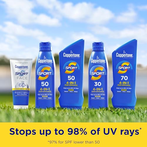 Coppertone Sport Sunscreen Spray SPF 50, Sweat, Heat and Water Resistant Sunblock, Lightweight, Oxybenzone Free, Spray Sunscreen Bulk Pack, 5.5 Oz Bottle, Pack of 3