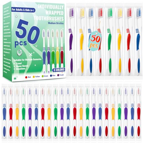 Comdian 50 Pcs Toothbrush Bulk Disposable, Travel Toothbrushes Pack, Soft Bristle Individually Wrapped and Good Cleaning for Kids, Adult and The Elderly. Suitable for Hotel, Travel, Home, Donated