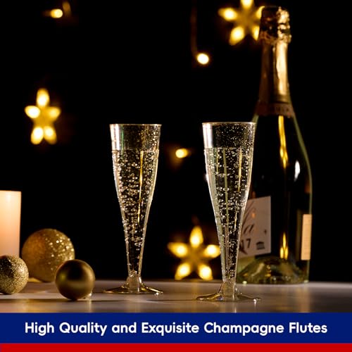 JOLLY CHEF 100 Pack Plastic Champagne Flutes Disposable 4.5 oz Gold Glitter Plastic Champagne Glasses for Wedding, Thanksgiving Day, Christmas