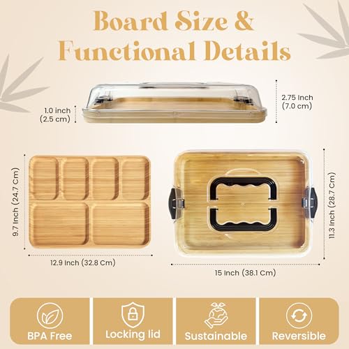 Charcuterie Board with Lid & Handle, 3-in-1, Portable Bamboo Serving Tray with Lid & Removable Snack Tray for Cheese, Fruit, Food, Cheese Platter for Picnic, Travel, Ready-to-Gift