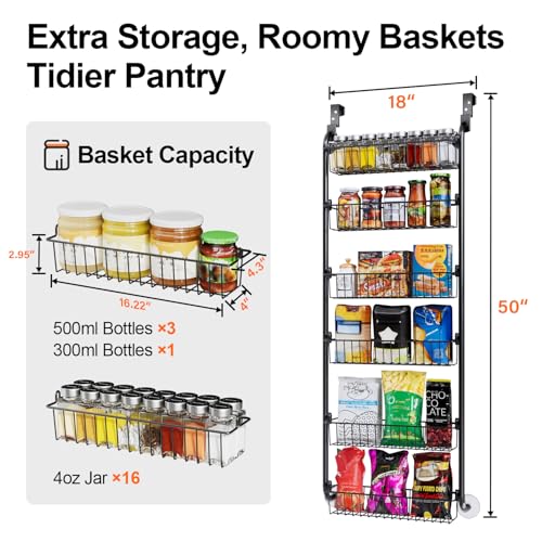Delamu Over the Door Pantry Organizer, 6-Tier Metal Pantry Door Organization and Storage, Hanging Kitchen Basket Spice Rack Seasoning Shelves