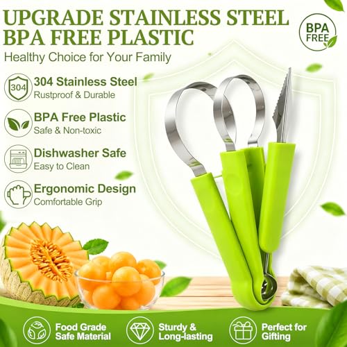 Suuker 4 in 1 Melon Baller Scoop Set, Stainless Steel Fruit Cutters Shapes, Watermelon Scooper and Baller, Fruit Carving Tools (Green)
