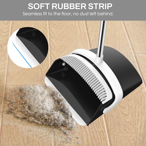 Broom and Dustpan Set for Home, 51-in Long Adjustable Handle Angle Broom and Dustpan Combo Set with Dust Pan Teeth to Clean Hair for Home Kitchen Office Lobby Floor Garden (Black&White)