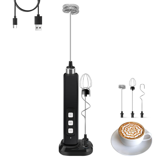 Rechargeable Milk Frother Handheld with 3 Detachable Stainless Whisks, 3 Speed Adjustable Drink Mixer, Mini Frother Wand for Coffee, Matcha, Protein Shakes, with Charging Base and Whisk Storage