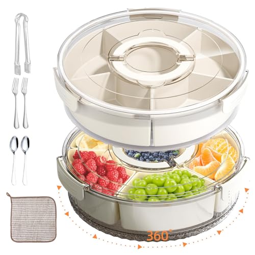 2 Pack Rotating Snackle Box Container with Lid and Handle | 6 Compartments Round Lazy Susan 360° Divided Serving Tray, Portable Clear Organizer for Fruit, Candy, Veggies, Charcuterie, Party & Picnic