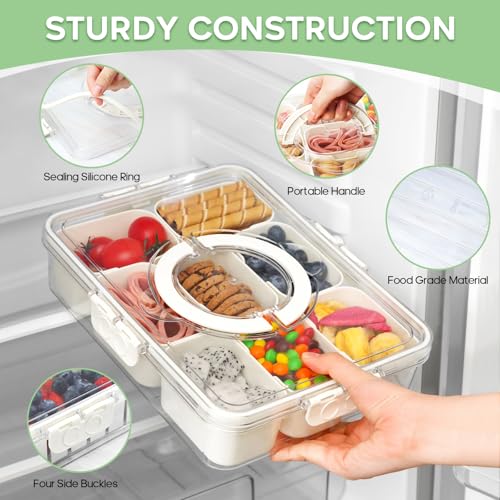 2 Pack Divided Serving Tray with Lid and Handle, 12 Compartments Snackle Box Container for Portable Snack Platters Large Clear Organizer for Picnic Snacks to Go Dishwasher Safe