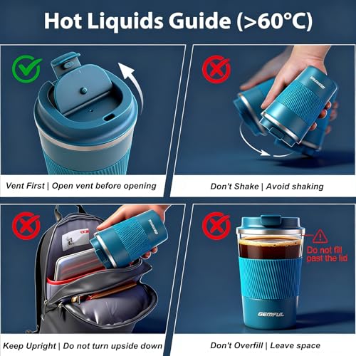 GEMFUL 17oz Travel Coffee Mug To Go Cup with Lid Stainless Steel Insulated Reusable Tumbler Leak Proof Coffee Lovers Gifts for Hot Cold Drinks Women Men Office Car (Blue)