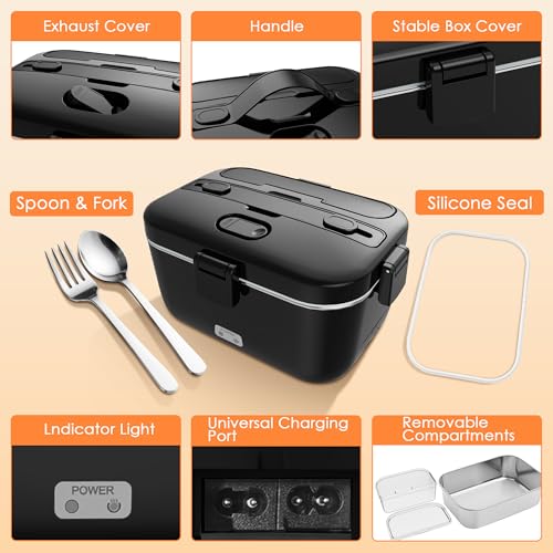 Electric-Lunch-Box-Heated-Food-Warmer 100W Heating Lunchbox for Adults 1.8L Portable Food Heater for Work/Car, 12V/24V/110-230V Lonchera Eléctrica Portátil with Fork Spoon (Black)