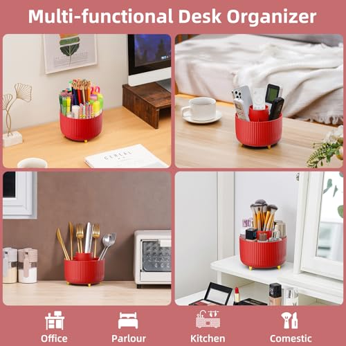 Marbrasse Desk Organizer, 360-Degree Rotating Pen Holder for Desk, Desk Organizers and Accessories with 5 Compartments Pencil Organizer, Art Supply Storage Box Caddy for Office, Home (Red)