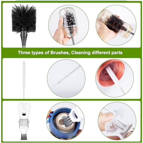 [3 Pack] Bottle Brushes, Stainless Steel Long Handle Water Bottle Scrub Cleaning Brush Set Including Straw & Lid Cleaner for Baby Bottles, Sports Cups, Coffee Mugs, Tumblers