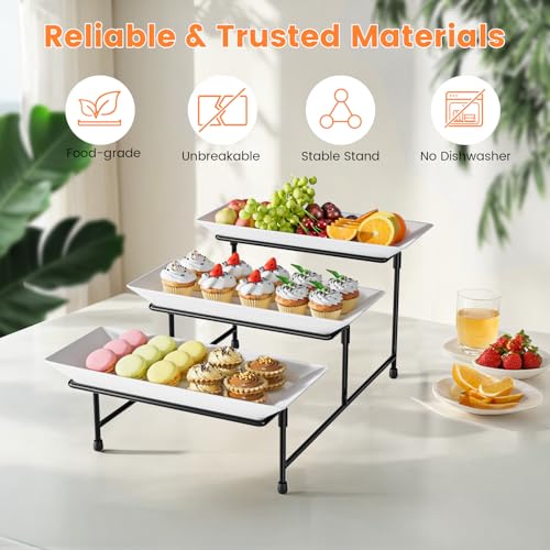3 Tier Serving Tray for Party, 12.8"x7.5" BPA Free Food Grade Shatterproof Tiered Serving Platters with Steel Stand, Collapsible Dessert Display for Wedding, Graduation, BBQ, Holiday Events, Black