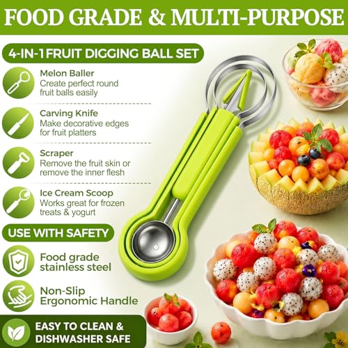 Suuker 4 in 1 Melon Baller Scoop Set, Stainless Steel Fruit Cutters Shapes, Watermelon Scooper and Baller, Fruit Carving Tools (Green)
