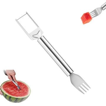 2-in-1 Stainless Steel Fruit Cutter, Watermelon Fork Slicer Tool, Dual Head Watermelon Slicer and Fork for Fruit Cubes