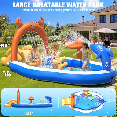 StarOcean 2026 Large Inflatable Play Center,Kiddie Pool with Water Slide&Sprinkler,121''x71"x51''Inflatable Toddler Pool with Slide,BlowUp Water Play for Toldder,Inflatable Water Park for Kid Backyard
