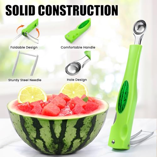 OLESBUR Premium Watermelon Cutter - 3 in 1 Watermelon Cutter Slicer Tool - Foldable Watermelon Slicer - Fruit Cutter for Kitchen Gadgets - Stainless Steel Watermelon Knife - Melon Baller Scoop