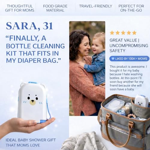 Travel Bottle Cleaner kit, 7in1 Baby Travel Gear Silicone Travel Bottle Brush Set Nipple Drying Rack, Straw Breast Pump Cleaning Soap Dispenser Organizer Case Mon Gift (Blue)