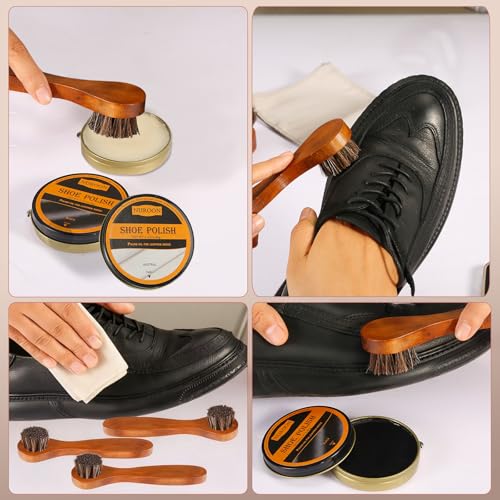 Nuroon 9 Pcs Shoe Polish Kit for Men & Women, 3 Pcs Horsehair Shoe Brushes, Brown Neutral Black Shoe Polish