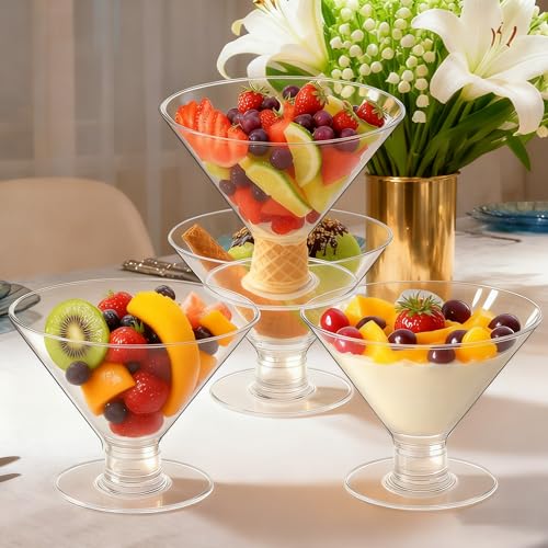 Meolibour 50 Pcs Disposable Plastic Martini Glasses for Parties 5oz, Unbreakable Clear Cocktail Dessert Parfait Glasses, Mini Martini Cups for Wedding Party Bowl Wine Ice Cream