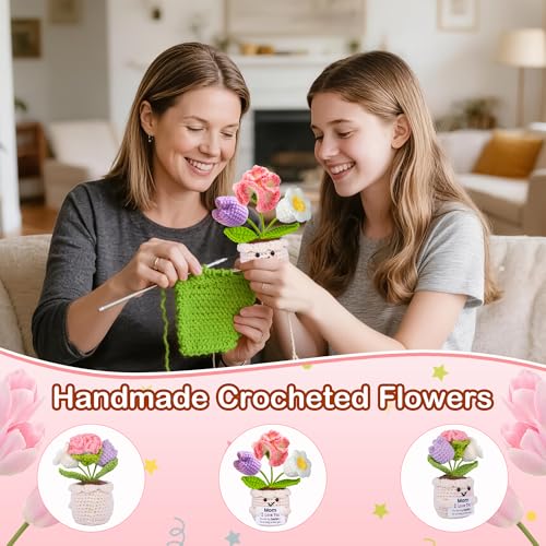 Mothers Day Mom Gifts for Mom, Gifts for Moms from Daughter Son, Mother's Day Birthday Gift for Moms Mother in Law Step Mama, Cute Handmade Crochet 3 Flowers Pot Doll I Love You Present for Mum