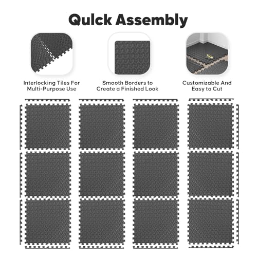 Home Gym Mat, Puzzle Exercise Mat, EVA Interlocking Foam Floor Tiles for Home Workout Equipment and Kids' Play Areas - Black, 24 in x 24 in x ½ in - 12 Tiles (Black, 12 Pack, 48 SQ FT)