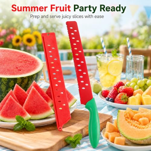 Watermelon Knife with Sleeve for Melon Cutting, Long Serrated Bread Lettuce Vegetable Knife, Kitchen Fruit Melon Tomato Cutter Slicer, with Cover for Home Summer Party Camping Outdoor (Red Green)