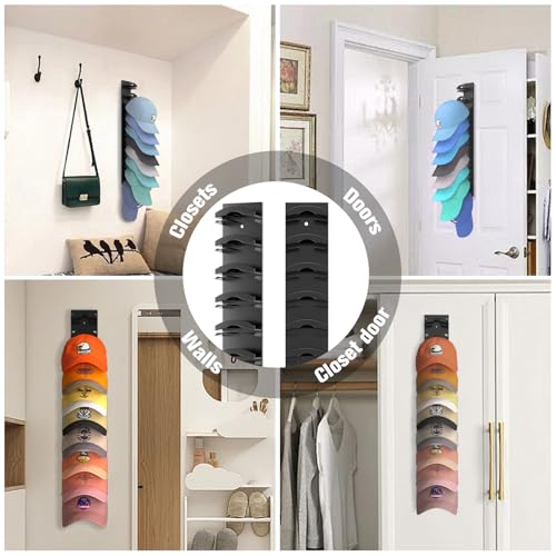 Hat Organizer for Baseball Caps 2Pack, Hat Rack for Wall with Strong Adhesive Hold up to 20 Hats, Hat Hanger Holder Display for Door Closet, Cap Organizer Storage Multilayer Two Mounting Option(Black)