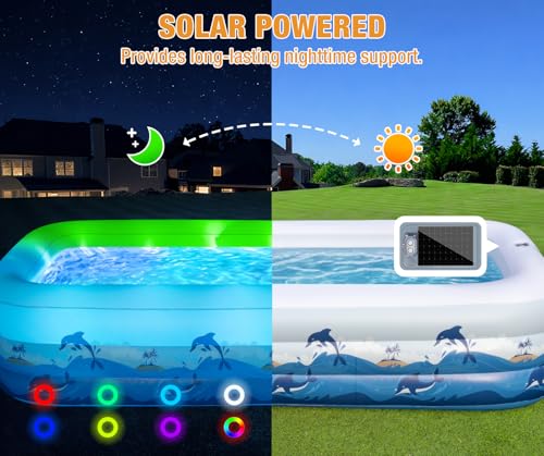Extra Large Inflatable Pool with Lights - 145" x 74" x 22" Swimming Pool for Adults with Solar Powered, Blow Up Pool for Backyard (Air Pump Not Included)