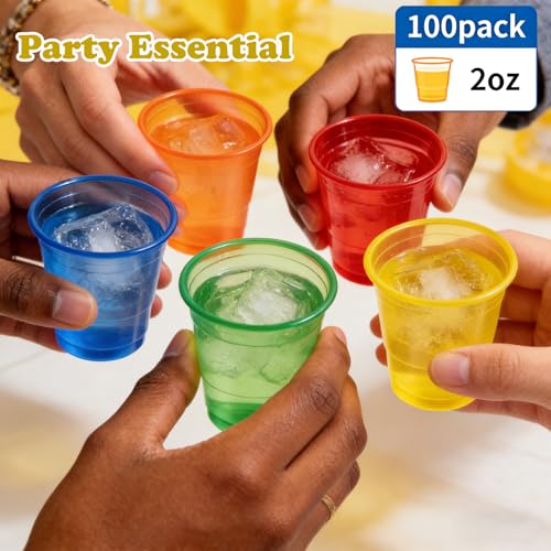 100 Pack 2 oz Clear Disposable Plastic Shot glasses, Mini Disposable Shot Cups for Winter Parties, Birthdays, Weddings, BBQs, Picnics & Daily Use(Neon)
