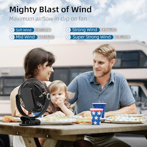 10000mAh 30hrs Portable Fan Rechargeable, 8-Inch Battery Operated Clip on Fan, USB Fans, 4 Speeds, Strong Airflow, Sturdy Clamp for Golf Cart Office Desk Outdoor Travel Camping Bed Truck Treadmill