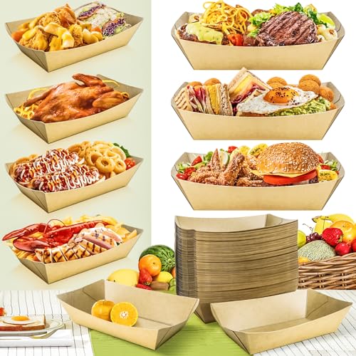 100 Pack 5LB Extra Large Paper Food Boats Trays Disposable Paper Boat, Heavy Duty Kraft Food Serving Tray Boat Basket for Snack Popcorn Sandwich Burger Taco BBQ Dessert Fries Nacho