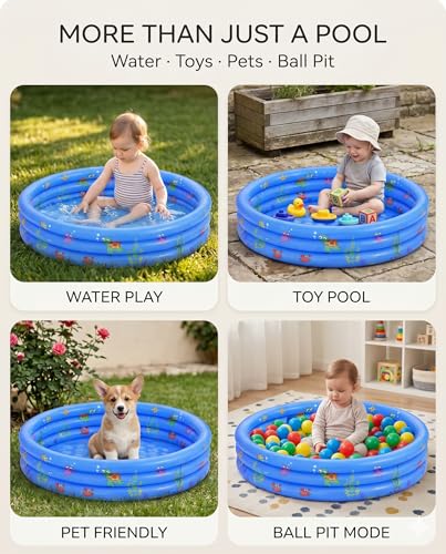 Baby Pool for Toddlers 1-3 with Bubble Bottom, Inflatable Kiddie Pool for Kids with Easy Drain Plug, Small Blow Up Pool for Backyard Summer Water Play, Durable Kids Swimming Pool (Blue)
