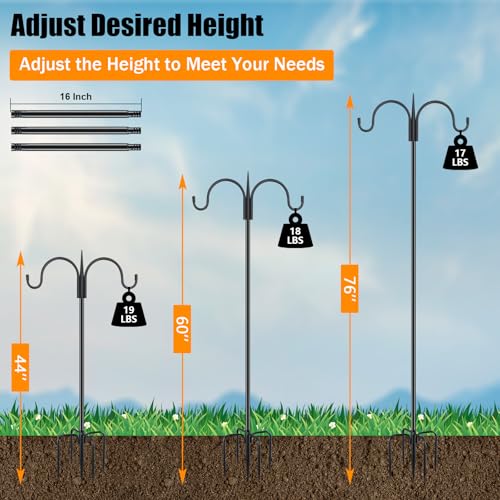 FEED GARDEN Heavy Duty Shepherds Hook 76" Double Hooks Adjustable (44/60/76") - Alloy Steel 5-Prong Base, 17lb Capacity - Easy Assembly Bird Feeder Pole for Hanging Planters, Lanterns, Wind Chimes