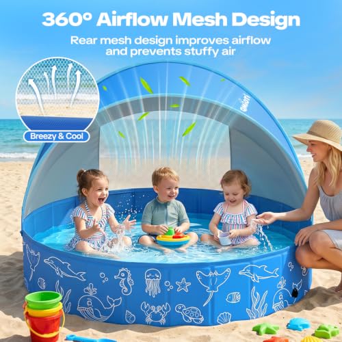 Foldable Kiddie Pool with Canopy, 47in Kids Pool with Detachable UPF 50+ Sunshade, Portable Non-Slip Swimming Pool Dog Pool for Backyard, Beach, Outdoor Summer Water Play