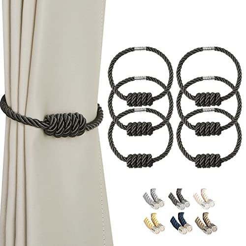 BEL AVENIR Magnetic Curtain Tiebacks, Decorative Drapery Holdbacks Modern Woven Tie-Backs with Exquisite Knot (Charcoal, 6 Pack)
