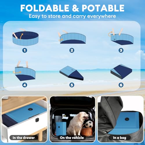 Foldable Dog Pool for Large Dogs, 91” Collapsible Hard-Side Dog Swimming Pool, Leakproof PVC Portable Pet Bath Tub & Kiddie Pool, Non-Slip Bottom, Indoor & Outdoor, Blue