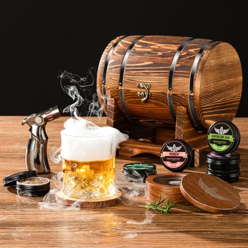 Whiskey Smoker Kit with Charred Wood Barrel (Patent Pending) – Cocktail Smoker with Torch & 6 Premium Wood Chips for Old Fashioned & Whiskey – Perfect Home Bar Gift for Men, Dad, Husband (No Butane)
