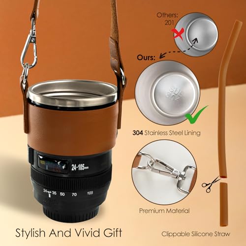 Coffee Mug- Ideal for Photographers&Travelers - Day Gifts,2 Lids,Cup Holder,Silicone Straw- Stainless Steel Lens Mug Thermos-Gift for Him, Photography, Camera accessories, Novelty Gifts