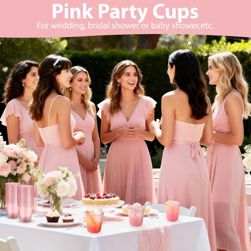 GGOLDMER 50 PCS Pink Plastic Cups - 12oz Disposable Stemless Wine Glasses, Clear Pink Cocktail Party Cups for Valentine's Day, Baby Shower, Wedding, Birthday Party