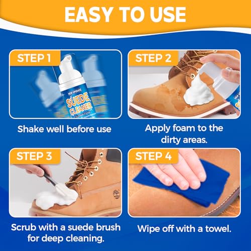 Suede Shoe Cleaner Kit, No-Rinse Foam Suede & Nubuck Cleaner, Removes Dirt & Stains, Gentle Sneaker Cleaner with Brush & Towel for Suede, Nubuck, Boots, 6.76oz
