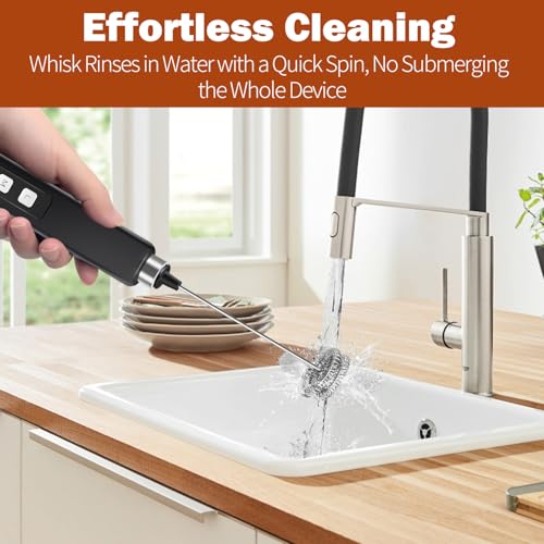 Rechargeable Milk Frother Handheld with 3 Detachable Stainless Whisks, 3 Speed Adjustable Drink Mixer, Mini Frother Wand for Coffee, Matcha, Protein Shakes, with Charging Base and Whisk Storage