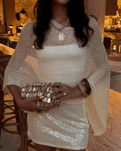 Women Sheer Poncho Top Lightweight Knit Crochet Shrug Bolero Mesh Batwing Sleeve Sweater Cover Up Beachwear