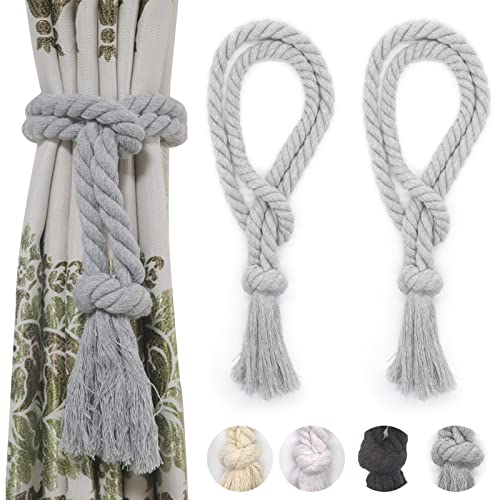 Natural Cotton Rope Tieback Decorative Holdbacks Farmhouse Rural Village Style Tassel Drapery Tieback, Grey 2 Pcs