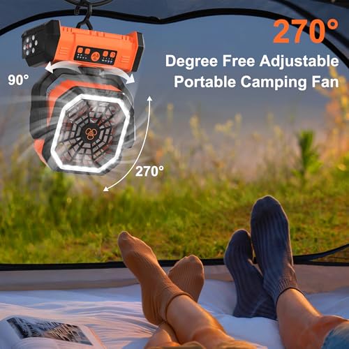 Honesorn Portable Rechargeable Fan 20000mAh, Camping Fan with LED Light & Remote, USB C Cordless Battery Powered, 4 Speeds Timer Hanging Hook for Travel Tent Outdoor Essentials - Orange