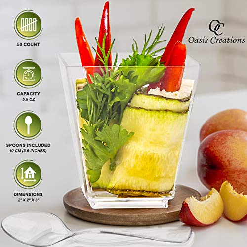 Oasis Creations Square Dessert Cup - 5.5 ounce - 50 Count - Spoons Included - Clear Plastic - Large Appetizer Cup -Tall Dessert Cup-Tasting Cup- Parfait Cup-Disposable or Reusable