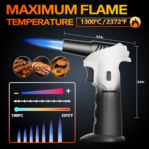 Butane Torch Lighter, 0-90°Rotating Angle Butane Lighter, Refillable Kitchen Torch with Safety Lock, Adjustable Flame for Soldering (White and Black)