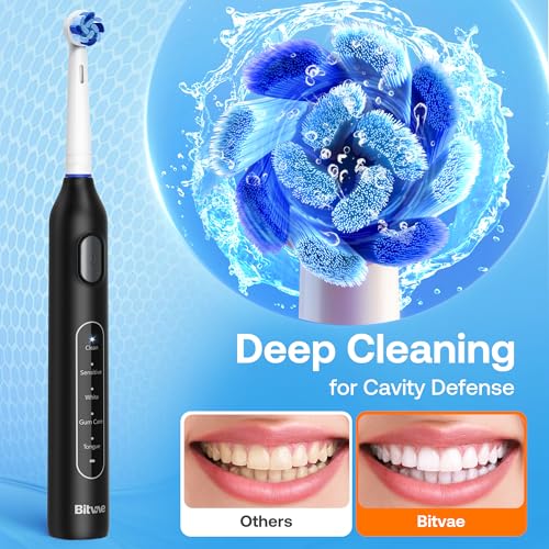 Bitvae R1 Rotating Electric Toothbrush with 8 Brush Heads for Adults and Kids, 60-Day Battery Life, 5 Modes Rechargeable Power Toothbrush with 2-Minute Smart Timer, Black